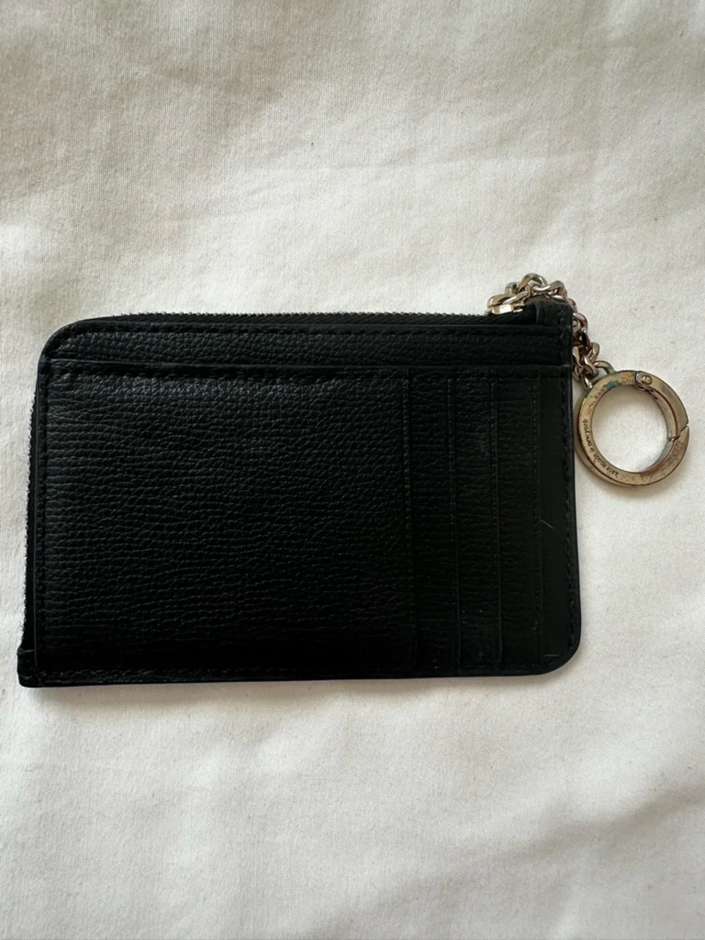 KATE SPADE Black Leather Zip Card Holder Coin Purse Keychain Key Ring Wallet